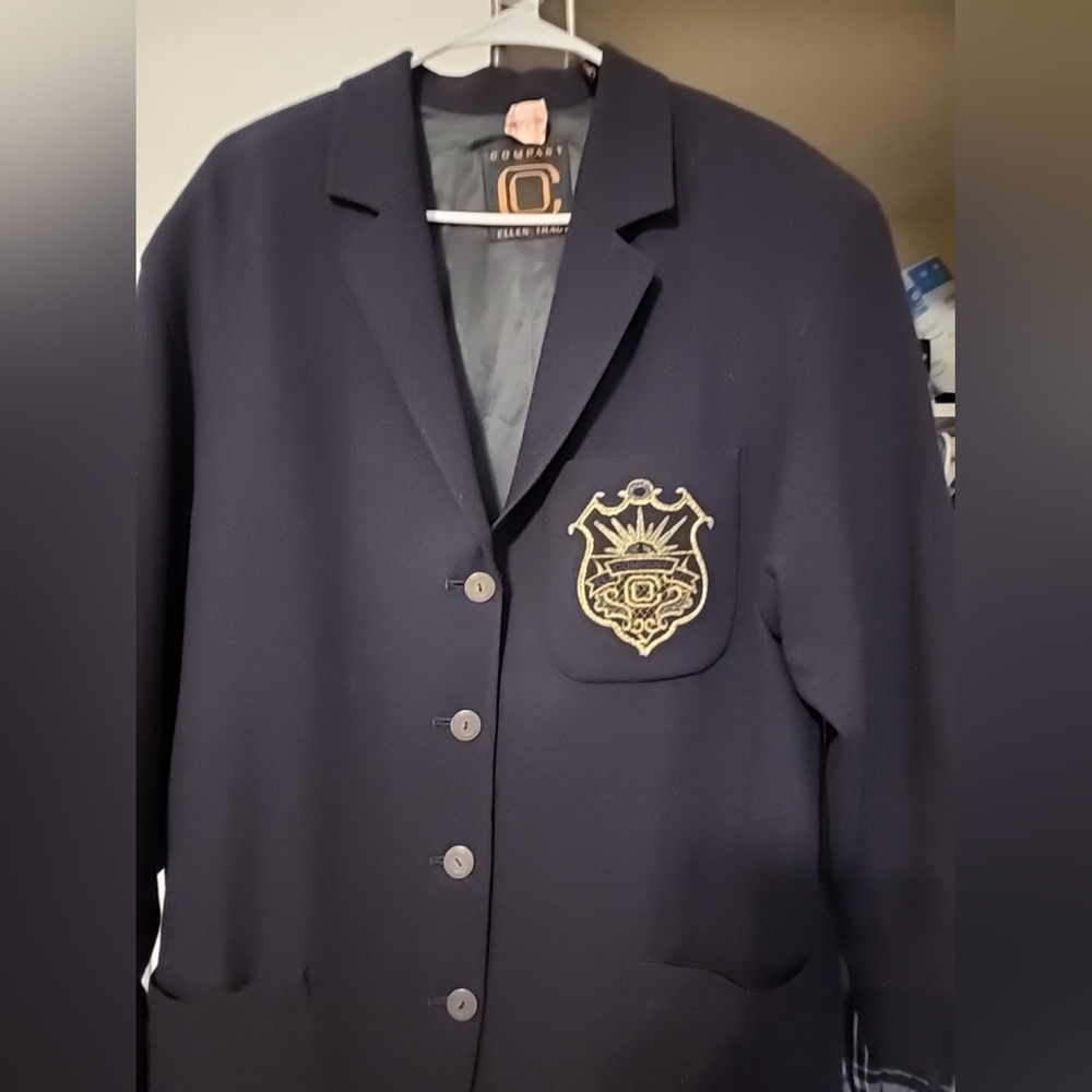 VTG Ellen Tracy 100% Wool Blazer Jacket Sz 10  Blue Lined Crest Pocket 4 Buttons